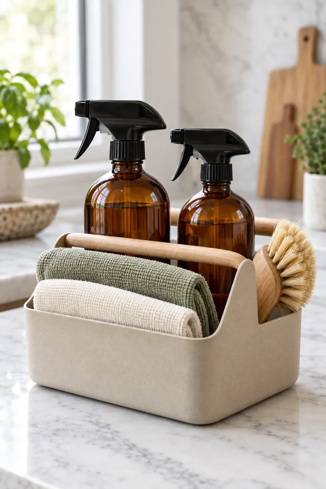 A cleaning caddy with spray bottles and microfiber cloths on a marble counter